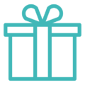 Icône turquoise représentant un cadeau avec un ruban, symbole d’abonnement ou d’offre Oenobox.
