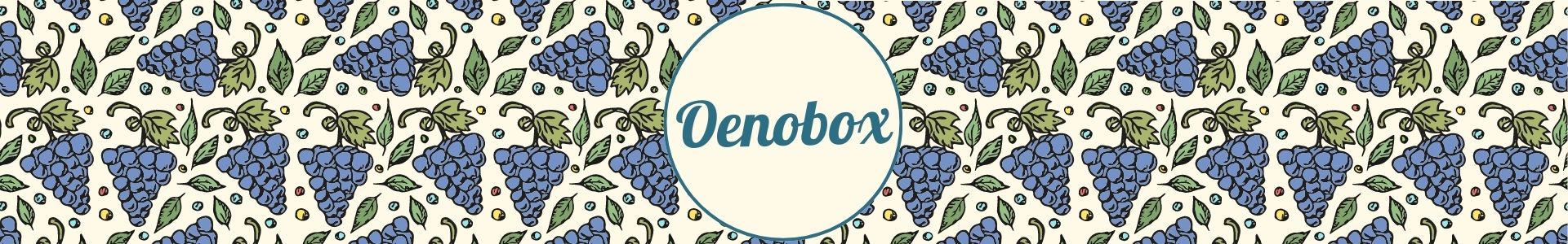 Bannière décorative avec motif de grappes de raisin et le logo Oenobox au centre, sur fond clair et bleu.